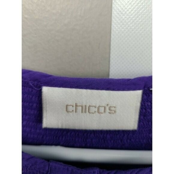 Chicos Womens Blouse Top Large PUrple 3/4 Sleeve Button Up Smocked Peasant BOHO - Picture 7 of 7